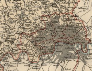 Middlesex County England Detailed 1889 Map showing Towns; Cities