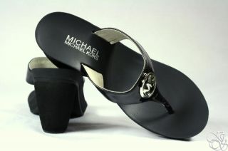 Michael Kors Warren Black Patent Logo Sandals Thongs Wedge Womens