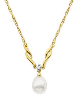 10k Gold Necklace, Cultured Freshwater Pearl and Diamond Accent Wave
