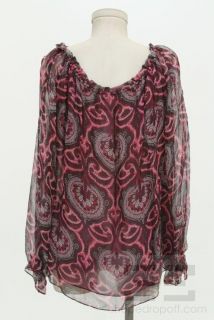 Milly Burgundy and Grey Paisley Print Silk Peasant Top Size 10