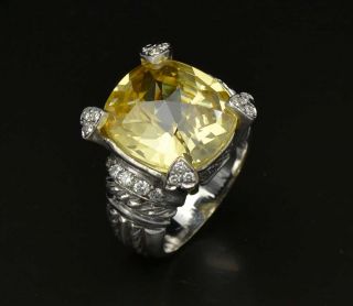 Judith Ripka 18K Solid White Gold Diamond Large Citrine Pave Size 6