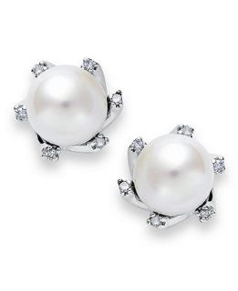 Sterling Silver Earrings, Cultured Freshwater Pearl and Diamond Accent