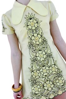 Vtg 60s Embroidered Mod Scooter Go Go Puff Cuban Yellow Cotton Mini