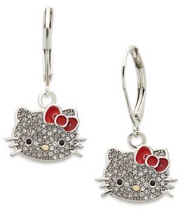 Hello Kitty Sterling Silver Earrings, Pave Crystal Face Leverback