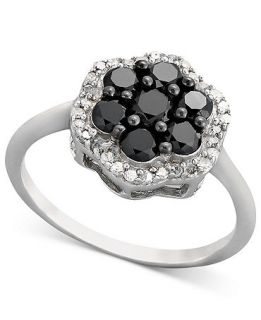 Diamond Ring, Sterling Silver Black Diamond and White Diamond Cluster