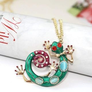 New Hot Sales Gold Tone Colorful Green Crystal Gecko Lizard Pendant