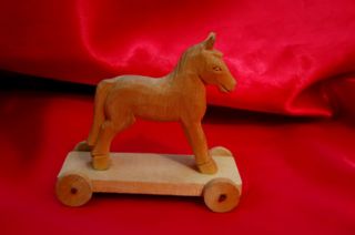 Old Hand Carved Wood Horse Moves Wheels Swiss Child Toy