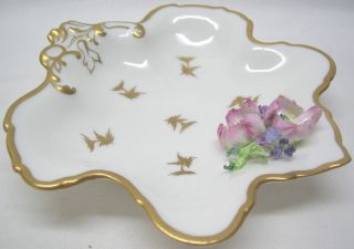 DERBY Leaf Shaped Pin Dish with applied Flowers + Gold Rim Vintage