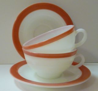 Pyrex Flamingo Red Rim Band Striped Cup Saucer Sets