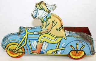 Vintage Wyandotte Easter Bunny Delivery Motorcycle Tin Litho Toy