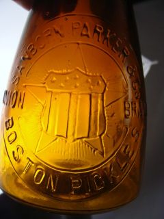 Antique Sanborn Parker Co Amber Boston Pickles Embossed Union Bottle