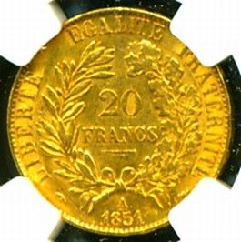 1851 A France Ceres Gold Coin 20 Francs NGC Cert Genuine AU 58 Scarce
