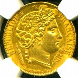 1851 A France Ceres Gold Coin 20 Francs NGC Cert Genuine AU 58 Scarce
