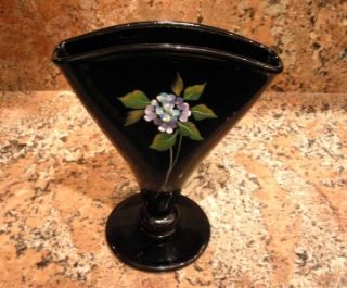 Fenton Fan Vase Blue Hydrangeas on Black 9550QB Save $$
