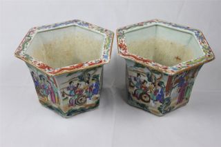 Great Pair of 19c Chinese Famille Rose Figural Hexagonal Planters