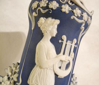 Antique Shafer Vader Jasperware Handled Vase Lovely Lady Playing Lyre