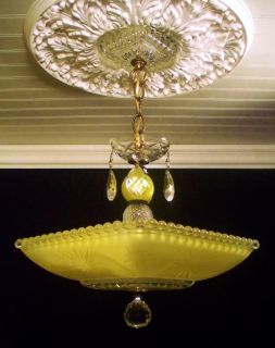 30s Deco Lemon Drop w Vaseline Glass Stem Ceiling Light Fixture