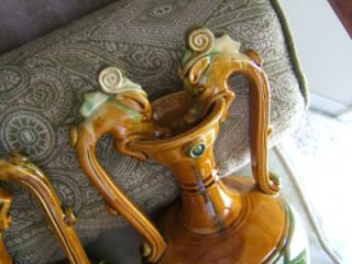 Pair Antique Chinese Amphora Three Color Glaze Sancai Dragon Handled