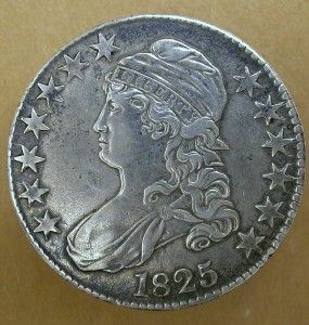 1825 Capped Bust Silver Half Dollar Dbl Die Strong AU