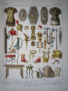 Römische Waffen Rüstungen Köcher Bogen Altertum Lithografie 1882