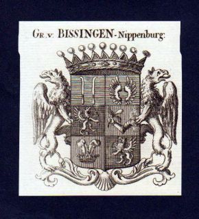 1780 Grafen von Bissingen Nippenburg Kupferstich Wappen