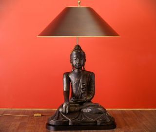 BUDDHA LAMPE LEUCHTE 100cm BESCHIRMTER HOLZBUDDHA BELEUCHTETER BUDDHA