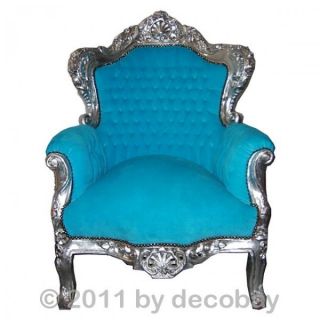 Blau Silberner Antiker Barock Sessel Thron Wohnzimmer Sessel