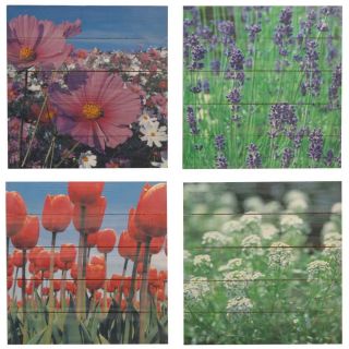4er Bild Set Bilder Blumen aus Holz je 40 x 40 cm
