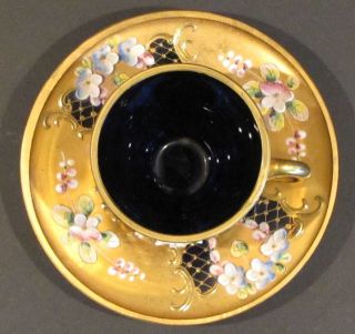 Mokkatasse Blüten blau Handbemalt Golddekor Glas antik Böhmen