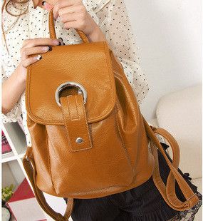 Womens Fashion Metal Ring Brown Faux Leather Backpack Handbag Purse