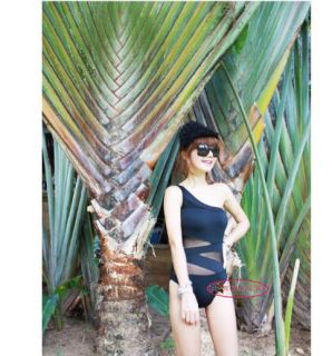 Sexy One Shoulder Sheer Waist Black One Piece Swimsuit Bademode