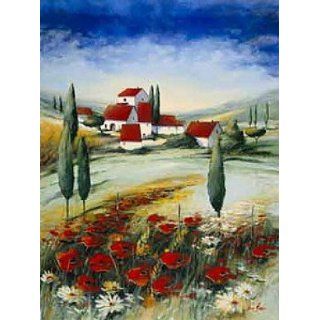 Kunstdruck / Poster 56x71 Toskana Landschaft Italien Mohn Klatschmohn