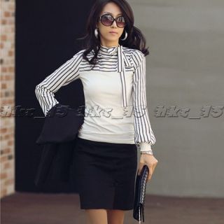 Neu Bowknot Korea Womens Polo Neck Puff Long Sleeve Stripe T Shirt