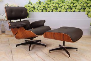 Apex Italian Leather Brown Lounge Chair and Ottoman in Charles Eames