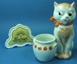 Porzellan Katze mit Topf, handbemalt, LINDNER Porzellan