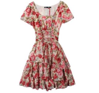 AWA10 New Sexy Chic Lady Chiffon Floral Short Sleeves Tiered Fitted