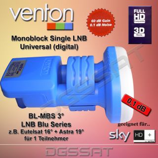 Venton 3 Grad Single Monoblock LNB 0,1 dB Astra 19 Eutelsat 16 Sat 1