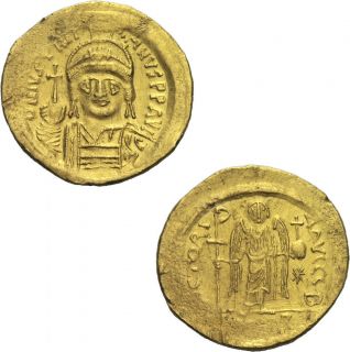 Justinian I Gold Solidus Konstantinopel 542 565 Helm Engel Staurogramm