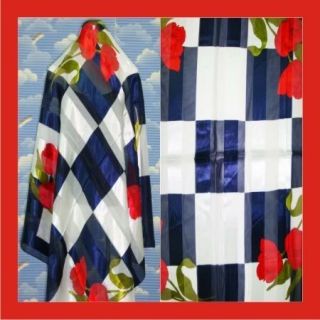 New Large Check Navy Blue Silk Scarf Shawl Wrap s593
