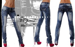 Neu BT Jeans Damen Hüftjeans Hose Zipper Crinkle Look Style 34 36