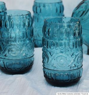Wasser / Saft Limokrug mit 6 Gläser   Pressglas blau 60er 70er Jahre