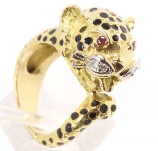 750 18kt Diamant Rubin Gold Ring Raubkatze Panther Emaille Diamantring