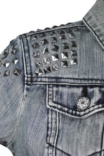 Fitted Studded Shoulder Crop Denim Womens Mid Bleach Wash Blue Jean