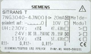 Siemens Messwandler Sitrans T 7NG3040 20mA Rechnung MWS
