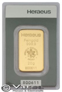 Goldbarren 20 Gramm 999,9 Gold 20g Kinebar HERAEUS