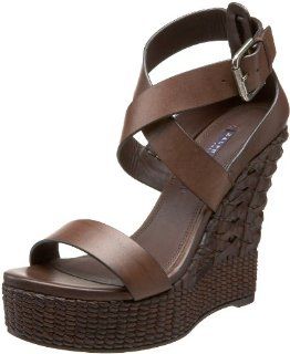 Womens Finna Strappy Woven Wedge Sandal,Dark Brown,5 B Shoes