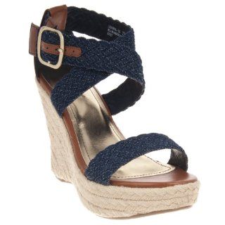 Womens Leanne Crochet Strap Platform Wedge, Blue,10 M US Shoes