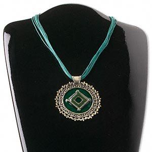 Necklace, pewter and enamel, light green and teal, 72x64mm