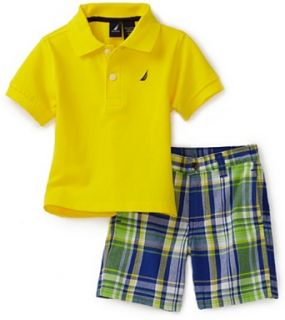 Solid Knit Shirt With Plaid Short Set, Yellow, 24 Months Clothing