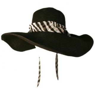 Black 5 Brim Floppy Hat With Zebra Bow Chin Tie Clothing